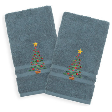 Christmas Tree, Embroidered Luxury Denzi Hand Towels, Set of 2, Denzi Blue
