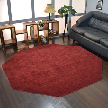 Hand Knotted Loom Wool Area Rug Solid Red, [Octagon] 8'x8'