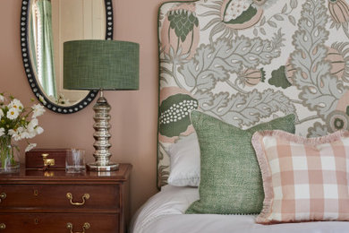 Inspiration for a medium sized country master bedroom in Other with pink walls, carpet and beige floors.