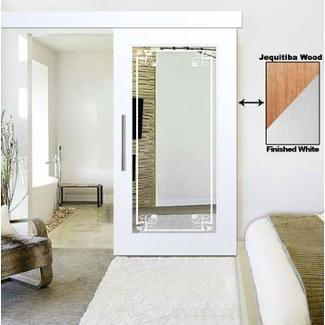 White Painted Mirror Solid Barn Door + Frostred Design Mirror Insert, 28"x84" Inches, 2x Mirror Both-Sides