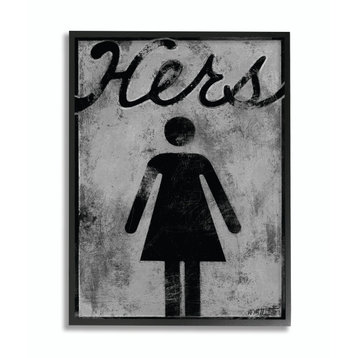 Stupell Industries Hers Distressed Bathroom Sign, 16"x20", Black Framed