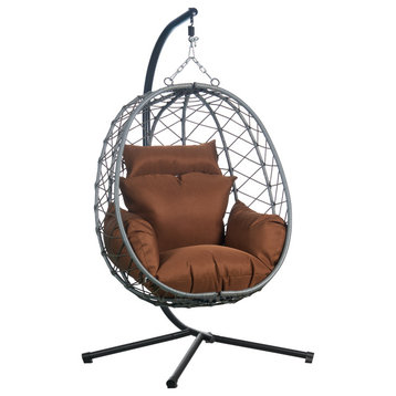 Leisuremod Summit Outdoor Egg Swing Chair in Gray Steel Frame, Brown