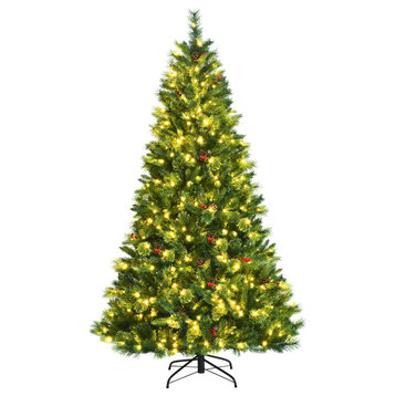 Costway 7ft Pre-lit Hinged Artificial Christmas Tree w/Pine Cones & Red Berries