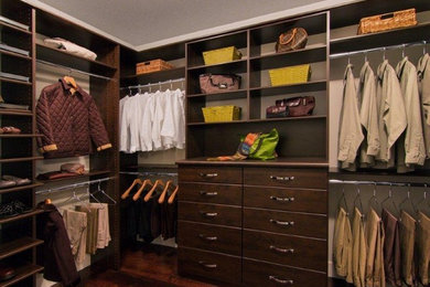 Medium sized classic gender neutral walk-in wardrobe in San Francisco with flat-panel cabinets, brown cabinets and dark hardwood flooring.