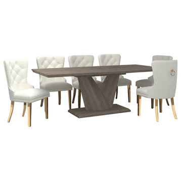 7-Piece Dining Set, Oak Table With Ivory and Gold Chair