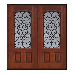 Prehung Double Door 80 Fiberglass Palermo 2 Panel Arch Lite GBG Glass - Front Doors