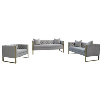Coaster 3-Piece Contemporary Velvet Tufted Back Sofa Set in Gray