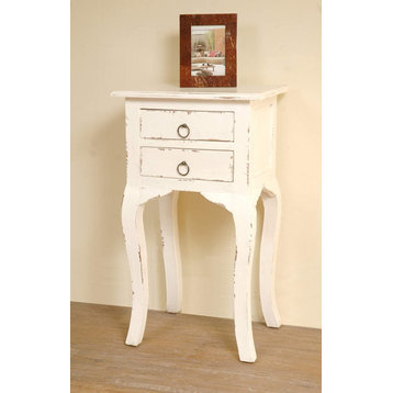 Cottage End Table, Curved Legs With 2 Storage Drawers, Distressed White Finish