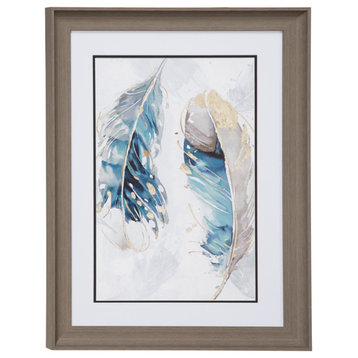 Eclectic Decor Watercolor Feathers Print in Rectangular Brown Wood Frame