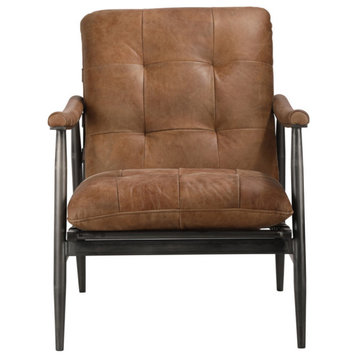 Tufted Brown Top Grain Leather Accent Side Chair For Living Room