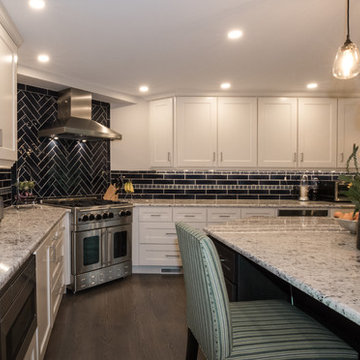 Coastal Navy & White Kitchen Remodel | Quartz Island & Herringbone Tile