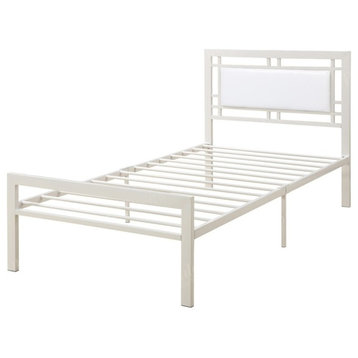 Metal Frame Twin Bed With Leather Upholstered Headboard White
