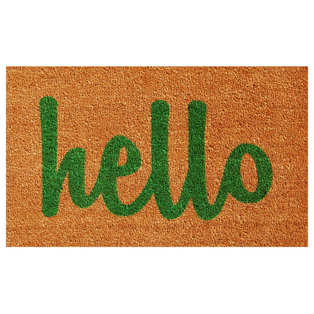 Hello Doormat Natural/Green Script, 24"x36"