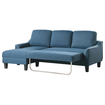 Lester Sofa With Chaise and Twin Sleeper, Blue fabric With Black legs