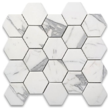 Statuary White Statuario Marble 3" Hexagon Mosaic Tile Polished, 1 sheet