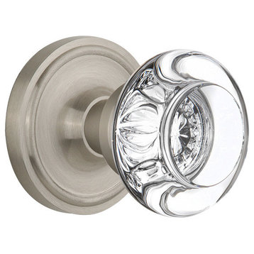 Classic Rosette Passage Round Clear Crystal Glass Knob, Satin Nickel