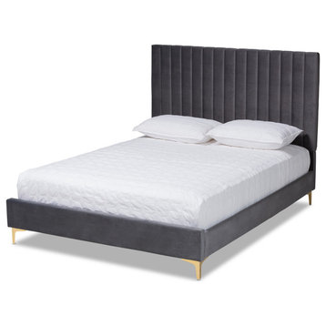 Denica Glam and Luxe Upholstered Platform Bed, Gray/Gold, Full