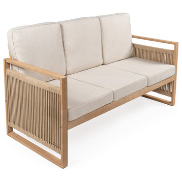 Gable 3-Seat Mid-Century Modern Roped Acacia Wood Outdoor Sofa With Cushions