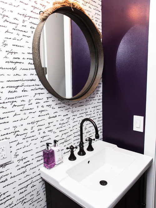 Eclectic Powder Room Omaha Small eclectic powder room idea in New York with dark wood cabinets, purple walls,