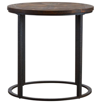 Rustic End Table, Open Metal Frame With Round Reclaimed Wood Top, Black/Natural
