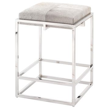 Luxe Open Geometric Silver Frame Counter Stool Gray Hair on Hide Square Cushion