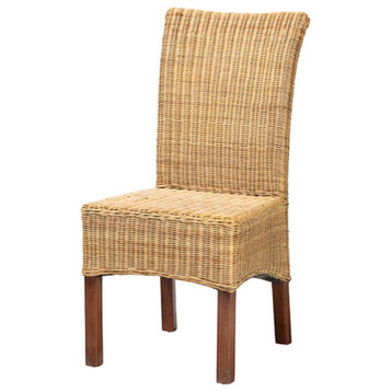 Shamara Modern Bohemian Natural Rattan and Mahogany Wood Dining Chair