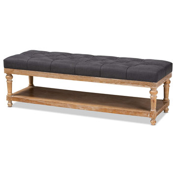 Storage Bench, Grey Washed Base With Open Shelf and Tufted Charcoal Linen Seat