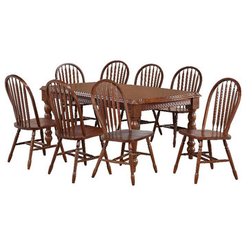 Andrews 9PC Rectangle Extending Dining Set w Windsor Chairs Chestnut Brown Wood