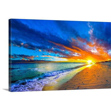 Amazing Orange Red Blue Sunset Beach Waves Wrapped Canvas Art Print, 24"x16