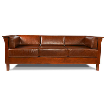 Arts and Crafts / Craftsman Cubic Slat Side Sofa - Chestnut Brown Leather
