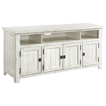 Rustic TV Stand, 3 Open Compartments and 3 Storage Cabinets, Antique White
