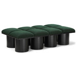 Meridian Furniture - Pavilion Black Boucle Fabric Bench, Green, Black Finish, 62" W X 36" D X 17.5" H - Bring valuable seating and remarkable style to your space with this green Pavilion Boucle Fabric Bench, an exquisite balance of style and usability for the entryway, bedroom, and beyond. Crafted from oak veneer with a black finish, this bench has a 4-inch-thick seat cushion that's channel-tufted for a touch of luxury. The bench's columnar bases add a dash of Art Deco design, making it a captivating focal point in any room.