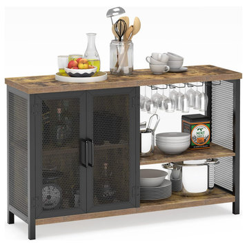 Farmhouse Bar Cabinet, Mesh Doors & Side Open Shelf With Glassware, Rustic Brown