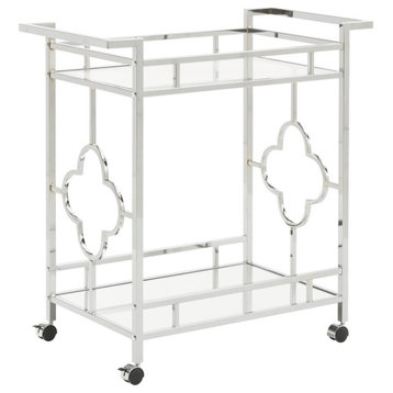 Devon Chrome Finish Floral Bar Cart with Mirror Bottom and Glass Top