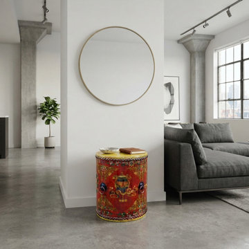 Oriental Tibetan Style Red Auspicious Flower Motifs Drum Table GB810