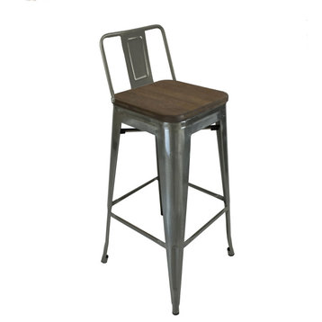 Stainless Steel Bar Stool With Backrest, Wood Seat, Set of 4, Natural