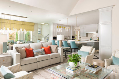 Large transitional open concept marble floor and white floor family room photo in Dallas with white walls