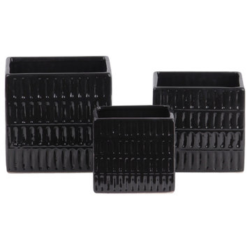 3-Piece Decorative Pot Set With 4-Tier Embossed Oblong Lattice Design, Black