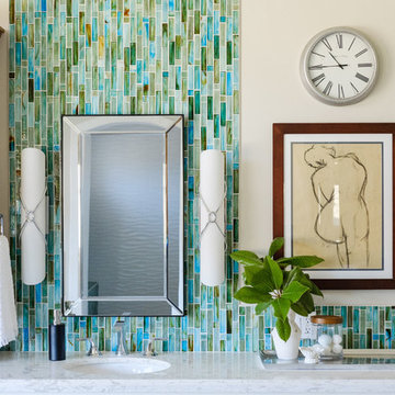 White & Bright Master Bathroom w/ Teal mosaic tile backsplash & Freestanding tub