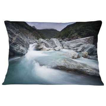 Slow Motion Mountain River in Blue Seashore Throw Pillow, 12"x20"