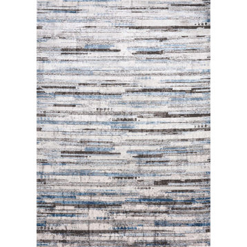 Denver Collection Blue Gray Distressed Banded Rug, 5'3"x7'7"