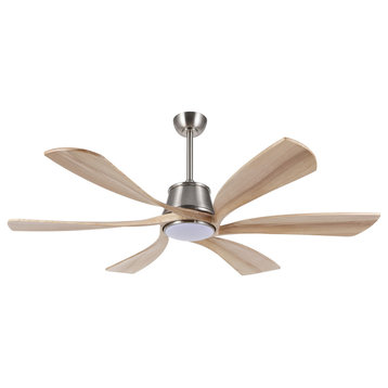 60" Solid Wood 6-Blade Smart LED Ceiling Fan With Remote and Light, Nickel