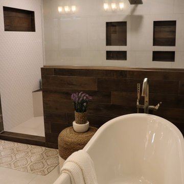 Contemporary Bathroom with Large Tiled Shower and Custom Cabinetry
