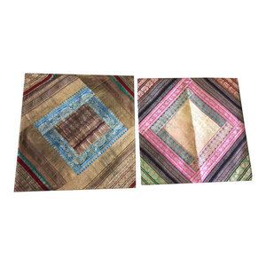 Mogulinterior - Indian Silk Cushion Covers Vintage Sari Border Patchwork Bohemian Pillow Cases - Pillowcases And Shams