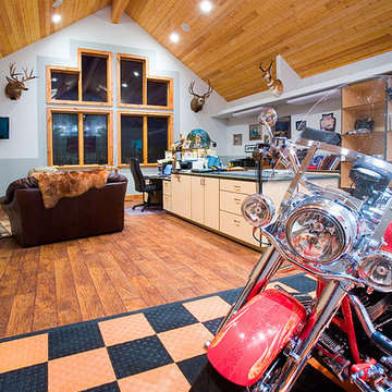 Home Office with Vaulted Ceiling and Motorcycle Storage