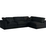 Meridian Furniture - Serene Linen Textured Fabric Deluxe Comfort 4-Piece L-Shaped Sectional, Black - There's lots to love about the Serene linen textured deluxe cloud-like comfort modular collection, and this piece is not an exception. The soft black linen textured fabric is cozy and sleek to the touch while the overstuffed down/feather cushions provide gentle support so you can relax and unwind like a VIP. Customize your seating with this modular set by adding the pieces you like most. Latches under each piece make it easy to snap them into position for a look that's modern yet welcoming.