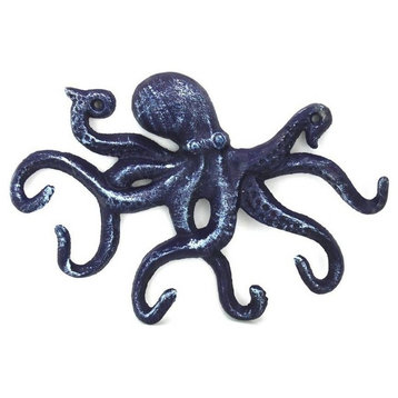 Rustic Dark Blue Cast Iron Octopus Hook 11'', Beach Decoration, Vintage Cast