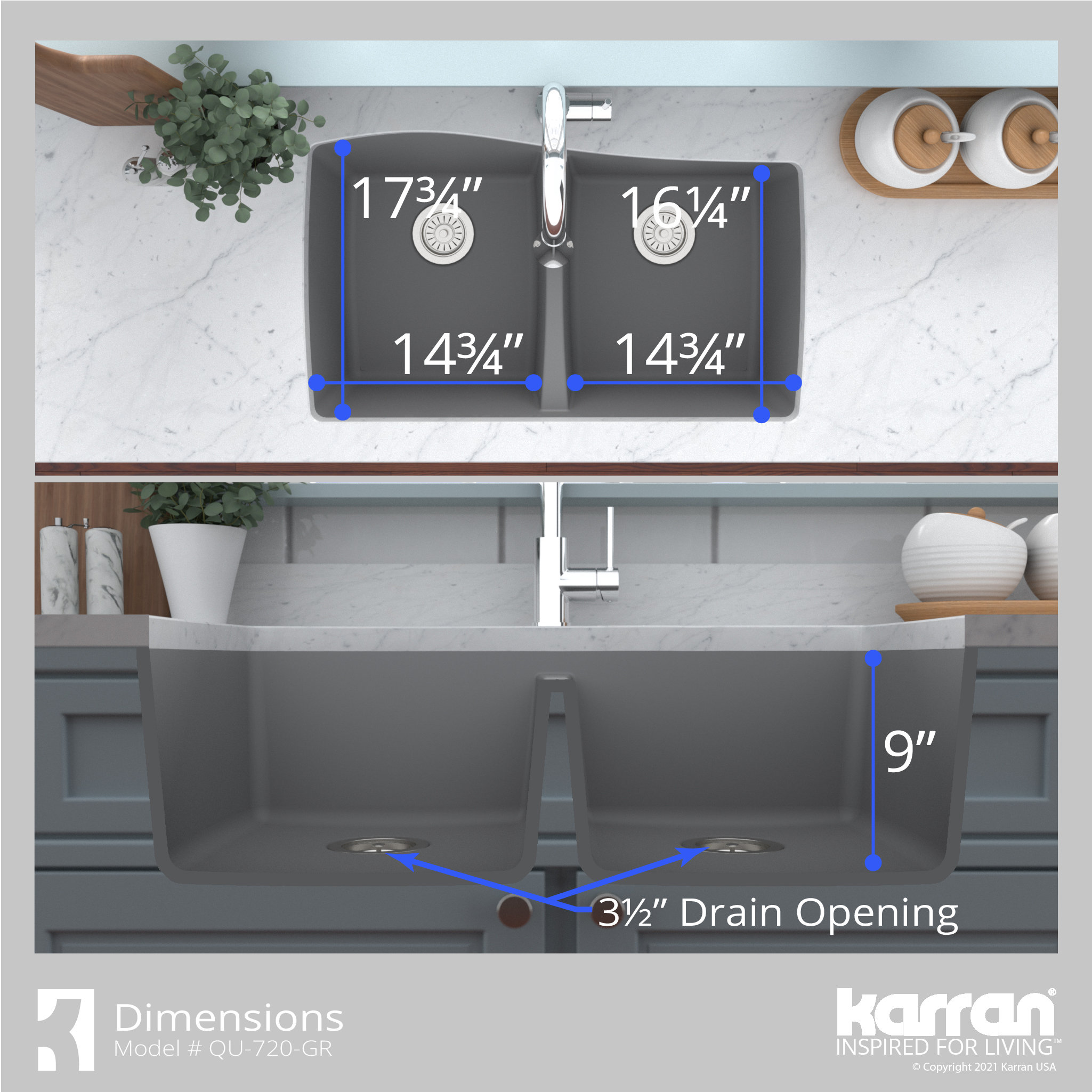 Karran Undermount Quartz 33" 50/50 Double Bowl Kitchen Sink Kit, Grey