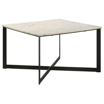 Pemberly Row Modern Metal Square Marble Top Coffee Table White and Black