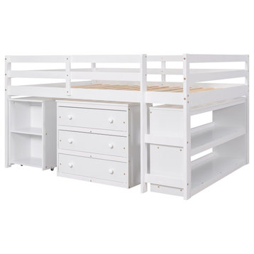 TATEUS Multifunctional Loft Bed With Cabinet and Rolling Desk and Bookshelf, White, Full